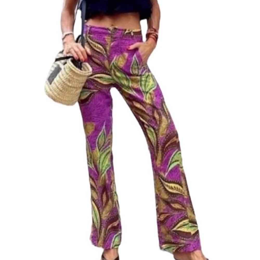 ZARA Multicolor Print Linen Blend Slight Wide Leg Pants Sz Medium